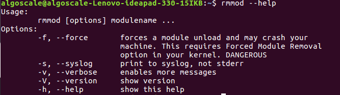 rmmod command with help option
