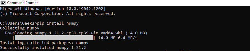 instaling numpy using pip