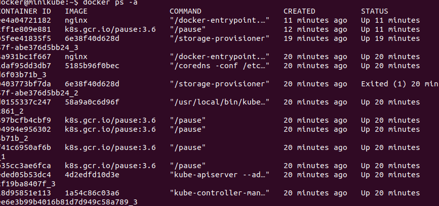 Listing the containers in Minikube