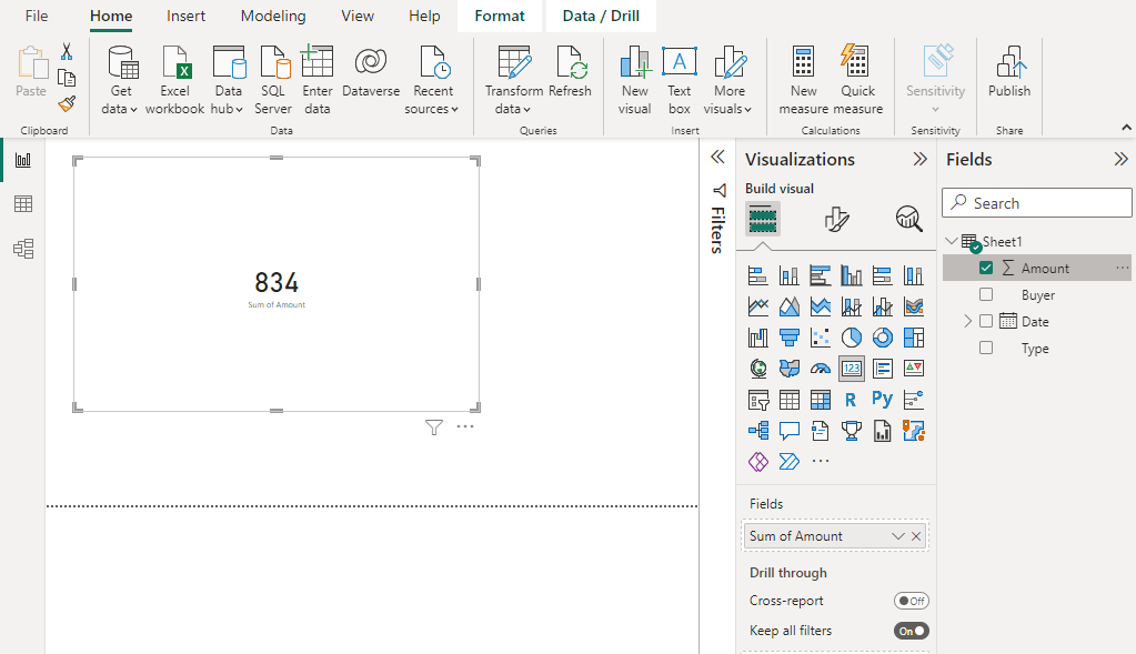 Here selects sum from the fields group, then only single row with total amount is shown.