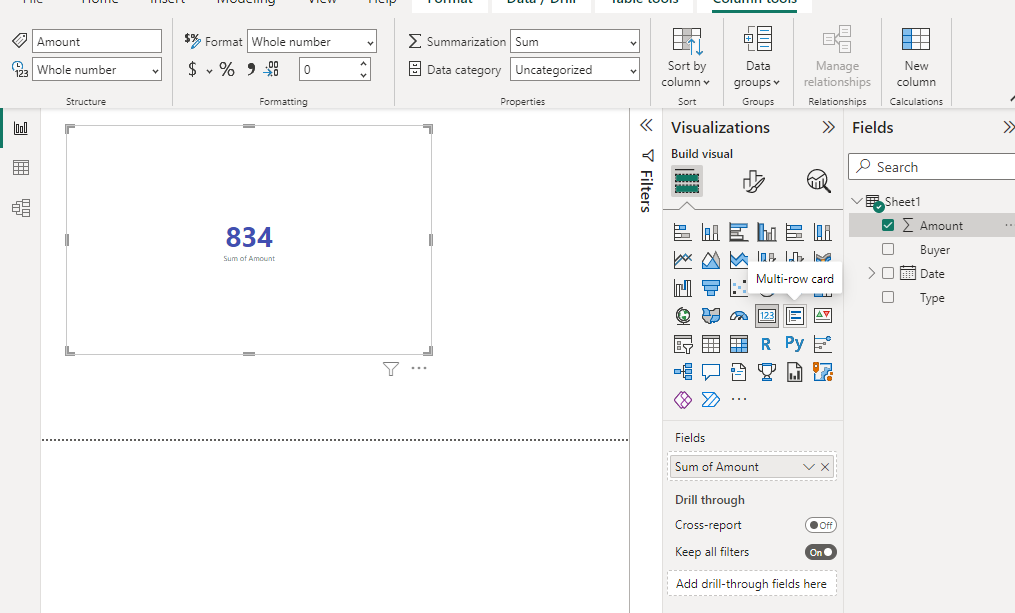 click on visualization and find multi row card.