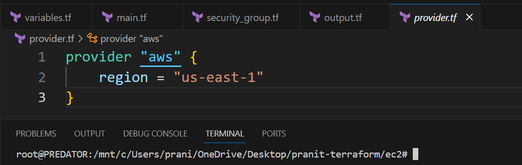 providing region to terrraform file