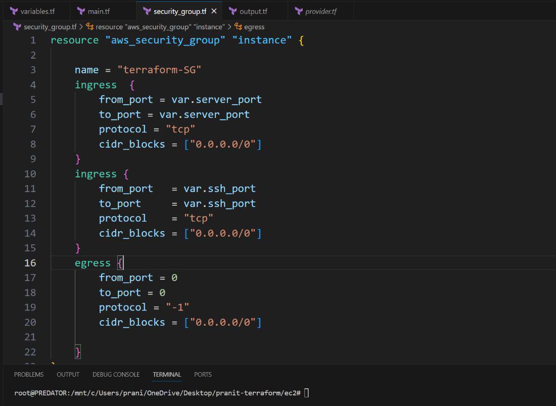 defining the security groups in terraform file