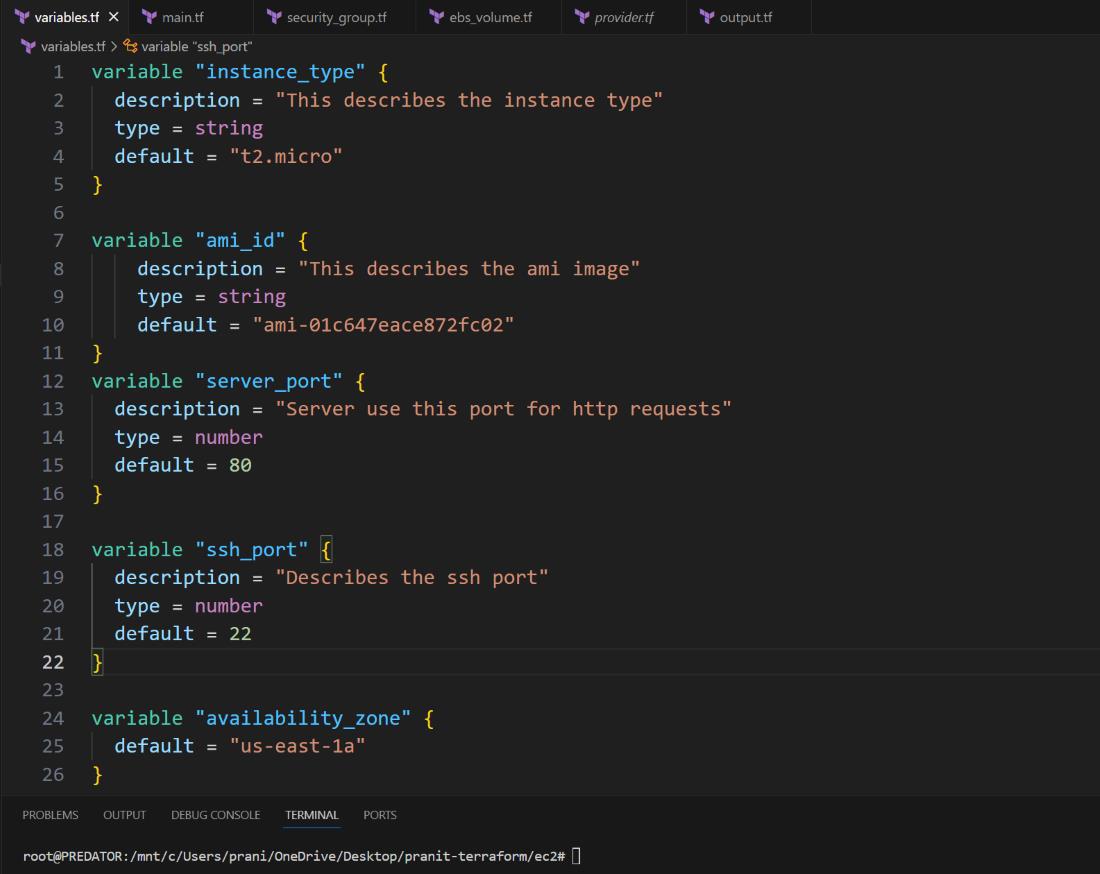 variables defining terraform file