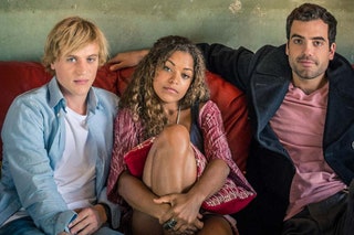 Image may contain Johnny Flynn Antonia Thomas Woman Human Blonde Female Teen Girl Kid Person Child and Sitting