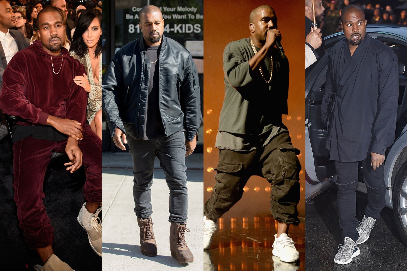 Image may contain Kanye West Clothing Apparel Coat Jacket Human Person Footwear Shoe and Kim Kardashian
