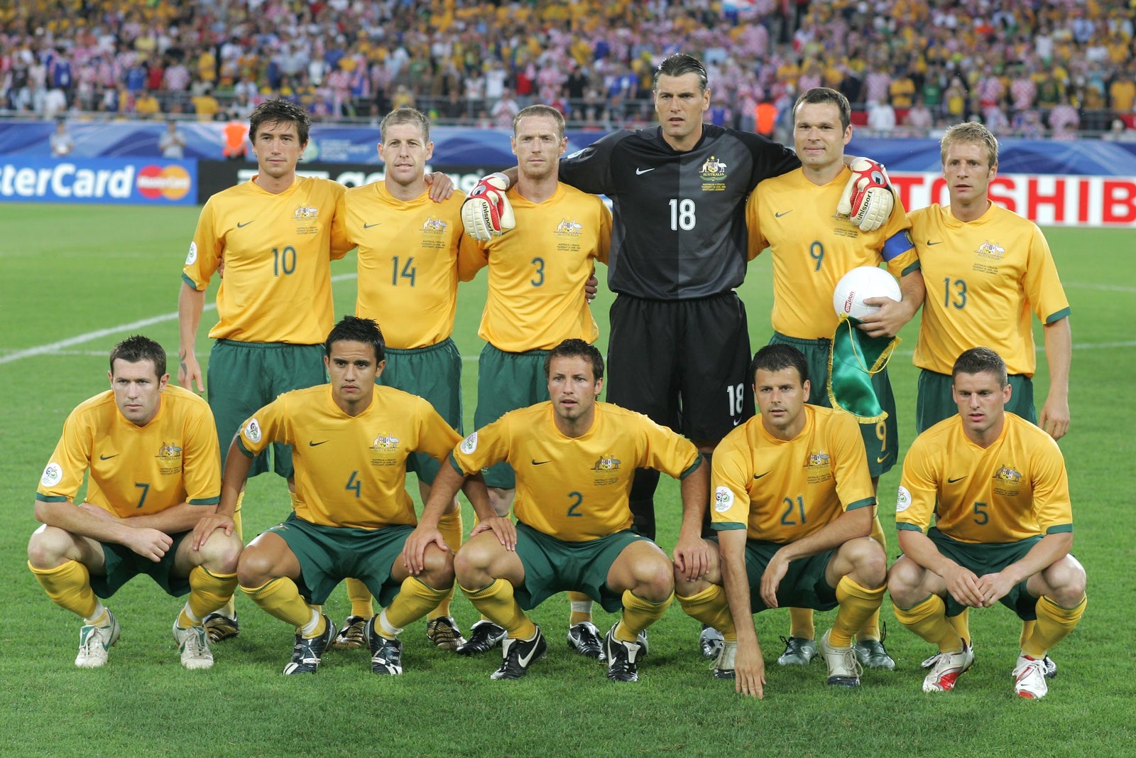 Image may contain Mark Viduka Tim Cahill Craig Moore Harry Kewell Lucas Neill Jason Culina and Scott Chipperfield