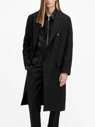 AllSaints Arcade black overcoat as selected by Faye Fearon