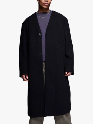 Asos collarless black overcoat as selected by Faye Fearon