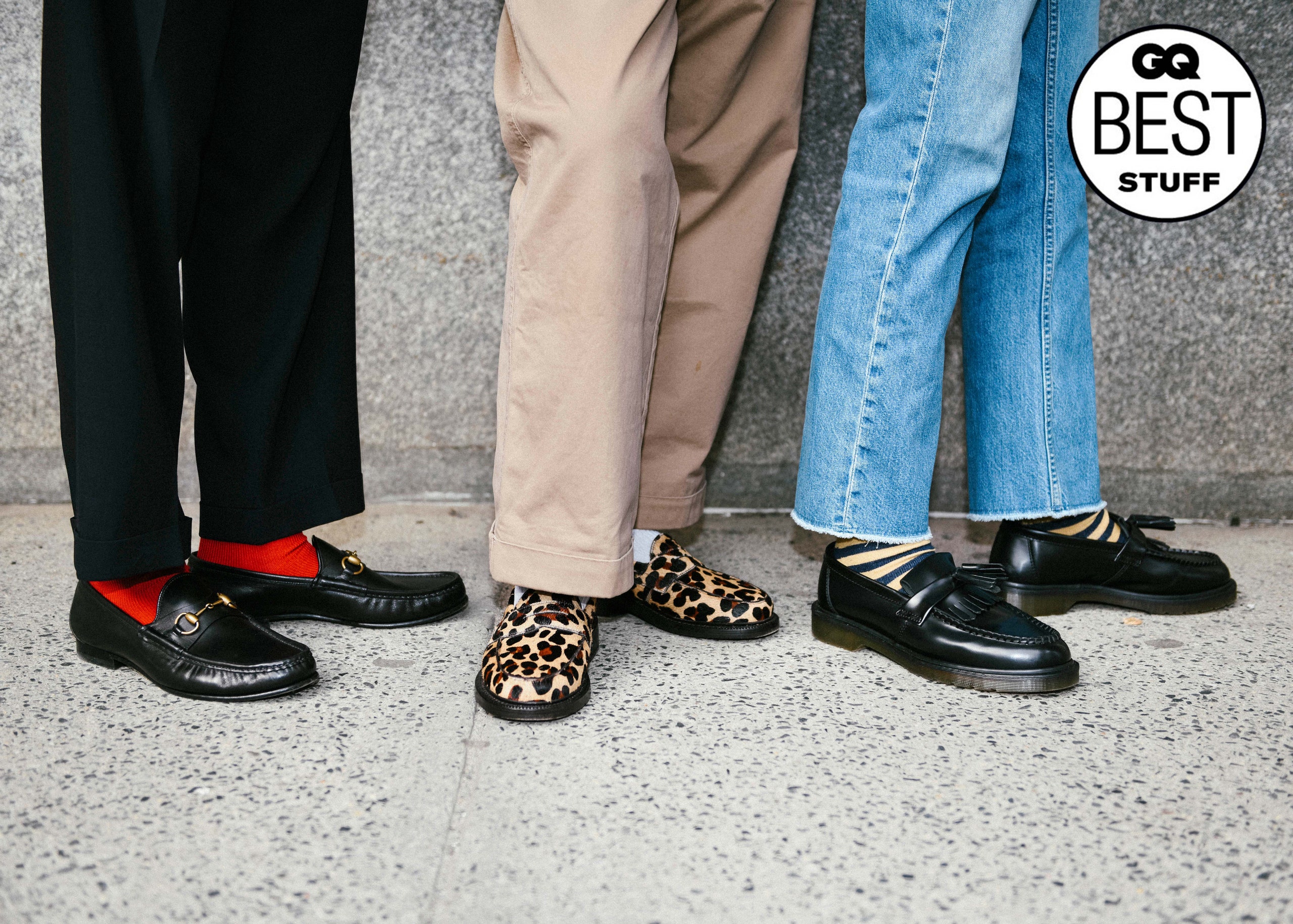 Three men standing side by side from the leg down with various loafers on display with text that reads GQ Best Stuff