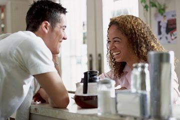 man, woman, coffe shop, smiling