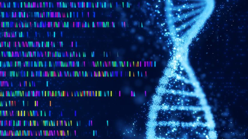 Sequencing data of genome analysis and a glowing particle DNA structure on black background