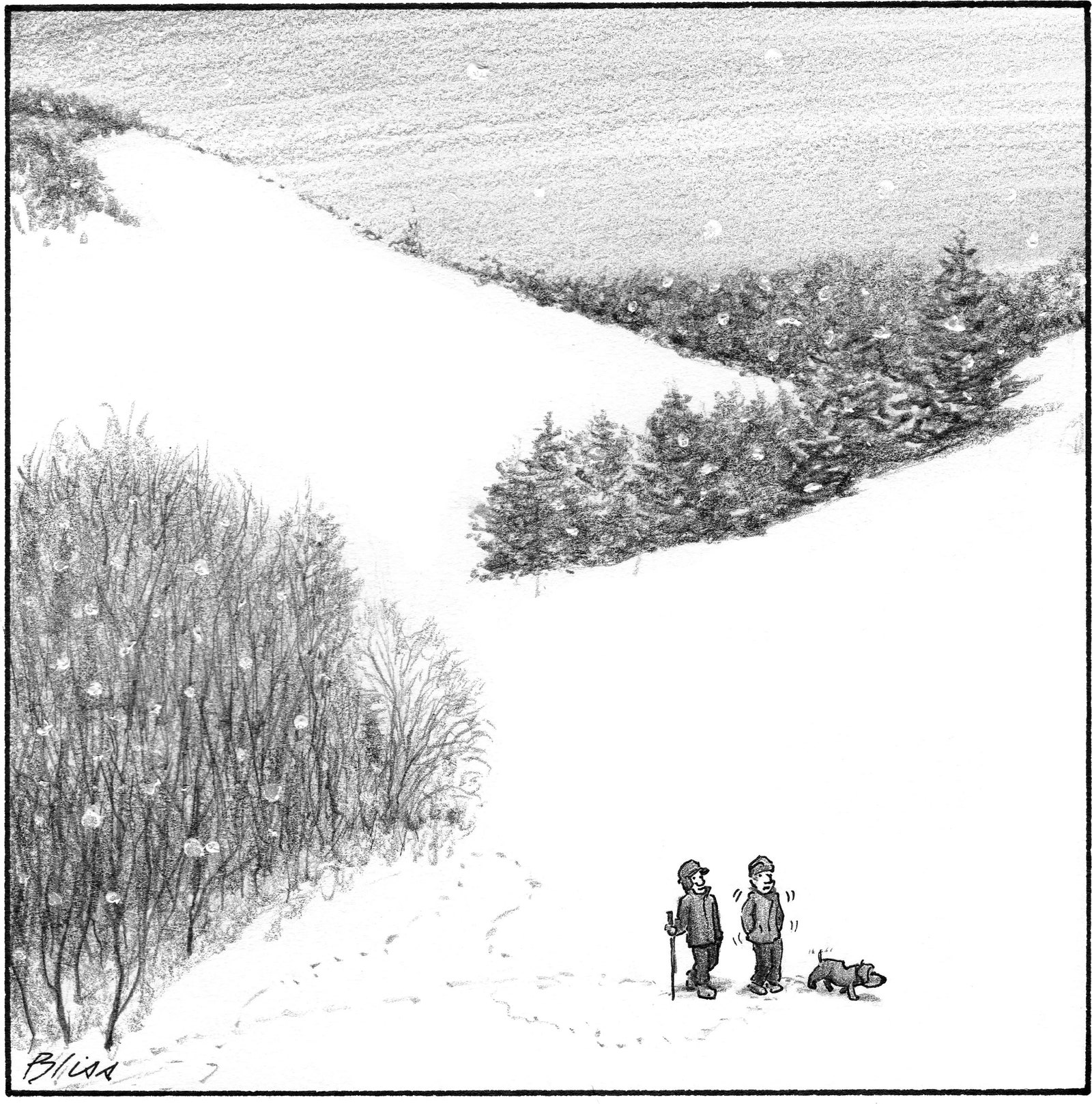 Two people and a dog hiking on a snowy trail.