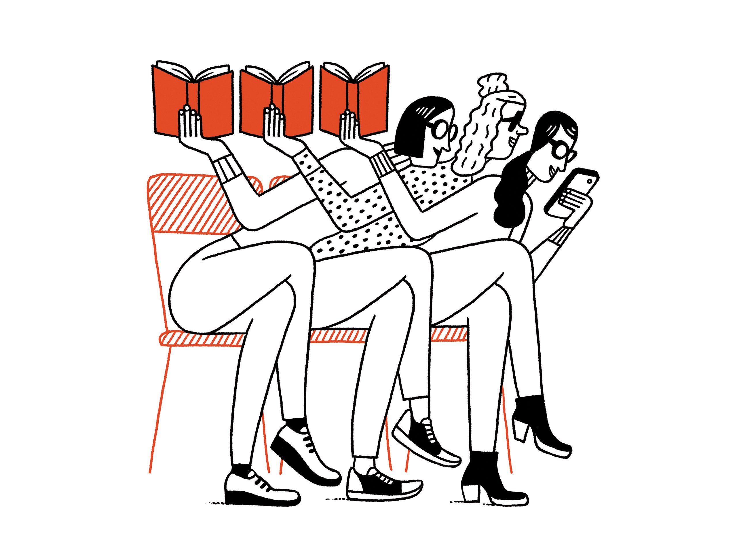 Three women looking at a phone instead of their books.