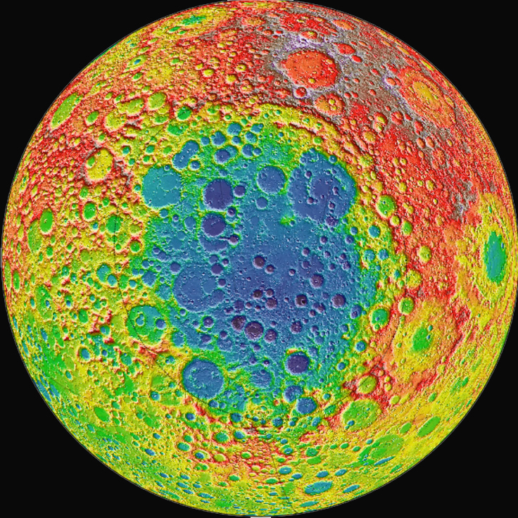 The Chinese lunar lander Chang'e 4 is headed to Aitken Basin, a large impact crater near the moon's south pole, pictured here in blue. The distance from the depths of Aitken Basin to the tops of the highest surrounding peaks is nearly twice the height of Mount Everest, according to NASA.