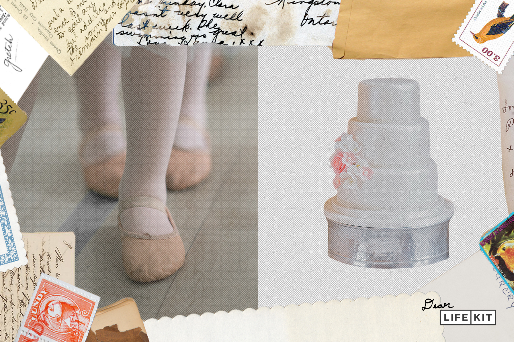 On the left side of the frame are feet in ballet shoes standing in a line. On the right side of the frame is a wedding cake. The border of the image is surrounded by letters and stamps.