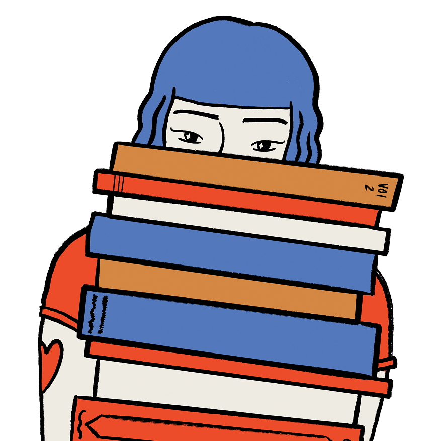 Illustration of a woman holding a stack of colorful books.