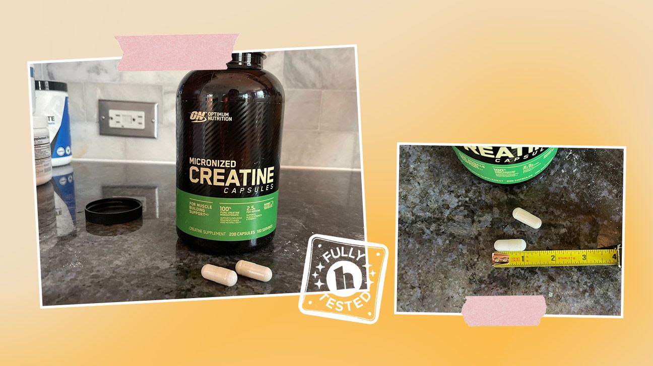 Photos of Optimum Nutrition Creatine Capsules with the bottle and capsules on the left and a capsule next to a ruler on the right