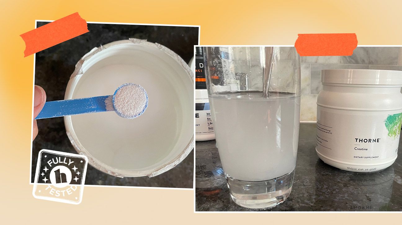 Photos of Thorne Creatine including a picture of the powder being scooped on the left and the powder being stirred into water on the right