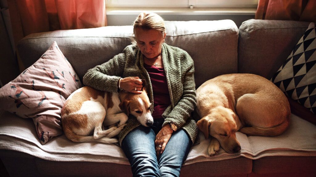 A woman sitting on a sofa with her dog -1.