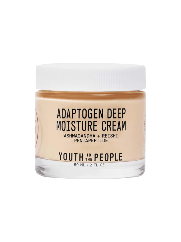 Adaptogen Deep Moisturizing Cream with Ashwagandha + Reishi in clear glass jar with white lid on white background