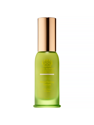 Resurfacing Serum in branded green bottle with gold cap on white background