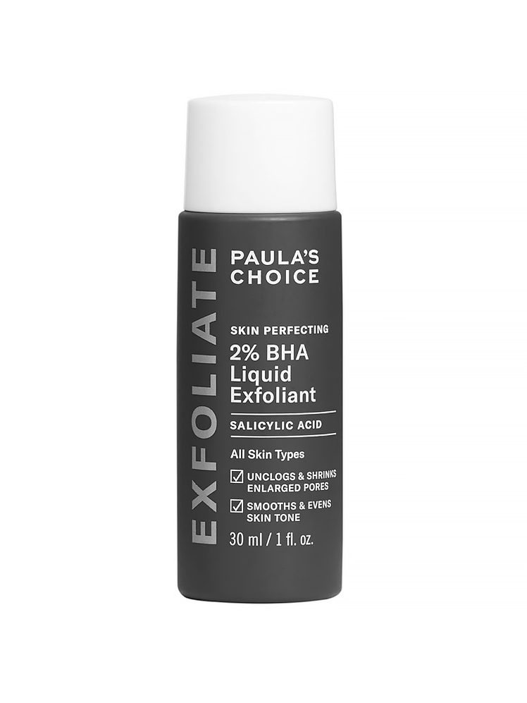 Skin Perfecting 2% BHA Liquid Exfoliant in branded dark gray bottle with white cap on white background