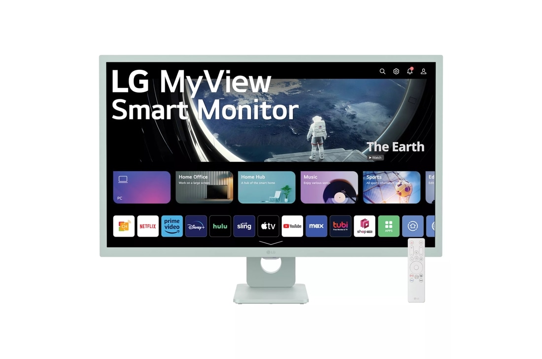 Front view of the 32 Inch LG MyView (32SR50F-G) Green Smart Monitor with FHD resolution and webOS