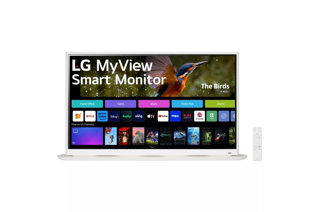 Front view of the 32 Inch LG MyView (32SR70U-W) Whtie Smart Monitor with 4K UHD resoultion, webOS and curved base design