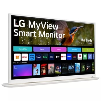 Left side view of the 32 Inch LG MyView (32SR70U-W) Whtie Smart Monitor with 4K UHD resoultion, webOS and curved base design