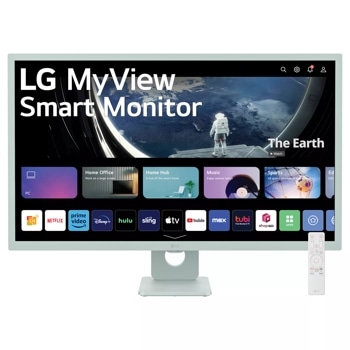 Front view of the 32 Inch LG MyView (32SR50F-G) Green Smart Monitor with FHD resolution and webOS