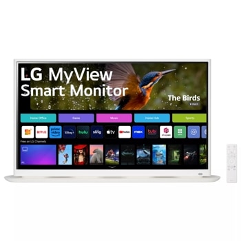 Front view of the 32 Inch LG MyView (32SR70U-W) Whtie Smart Monitor with 4K UHD resoultion, webOS and curved base design