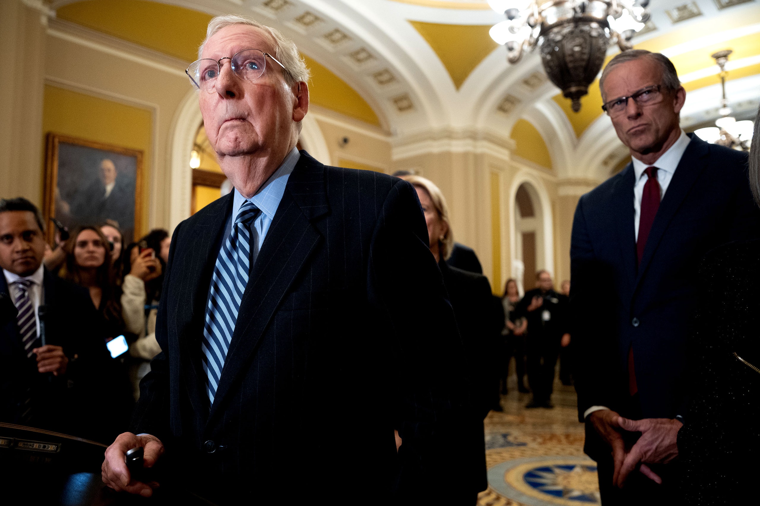 Image may contain Mitch McConnell John Thune Nikhil Mathew Lamp Accessories Glasses People Person and Formal Wear