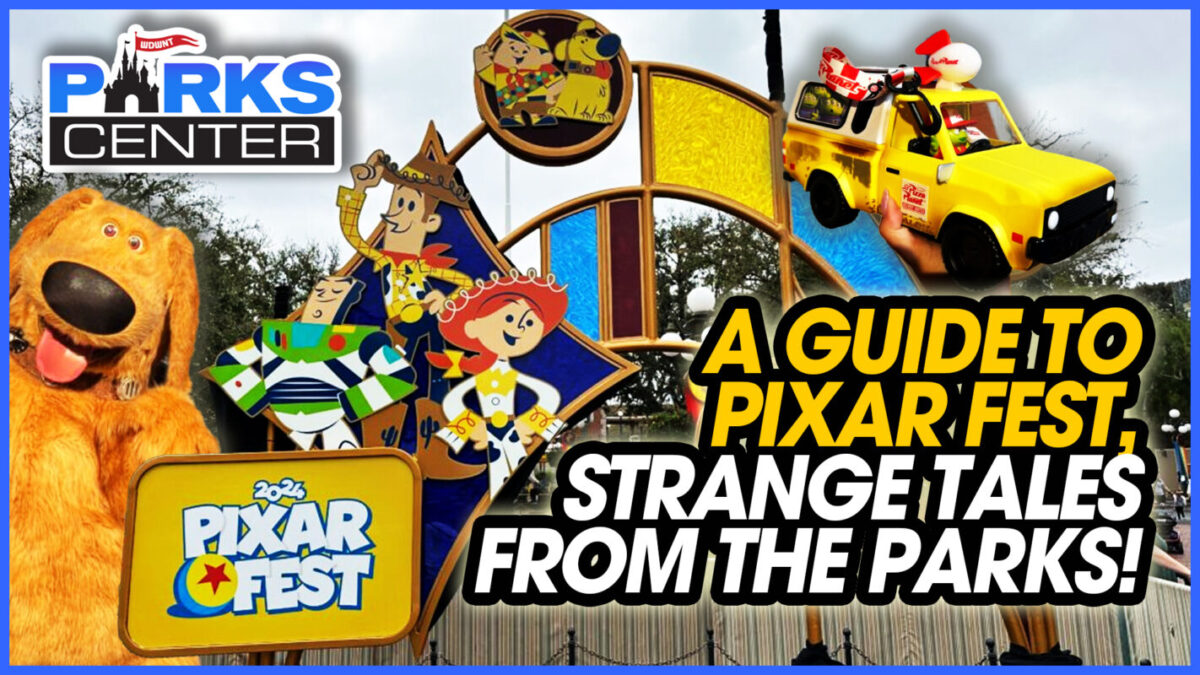 Promotional image featuring a yellow Pixar-themed car, Pixar characters, and a bear mascot for a guide to Pixar Fest at ParksCenter.