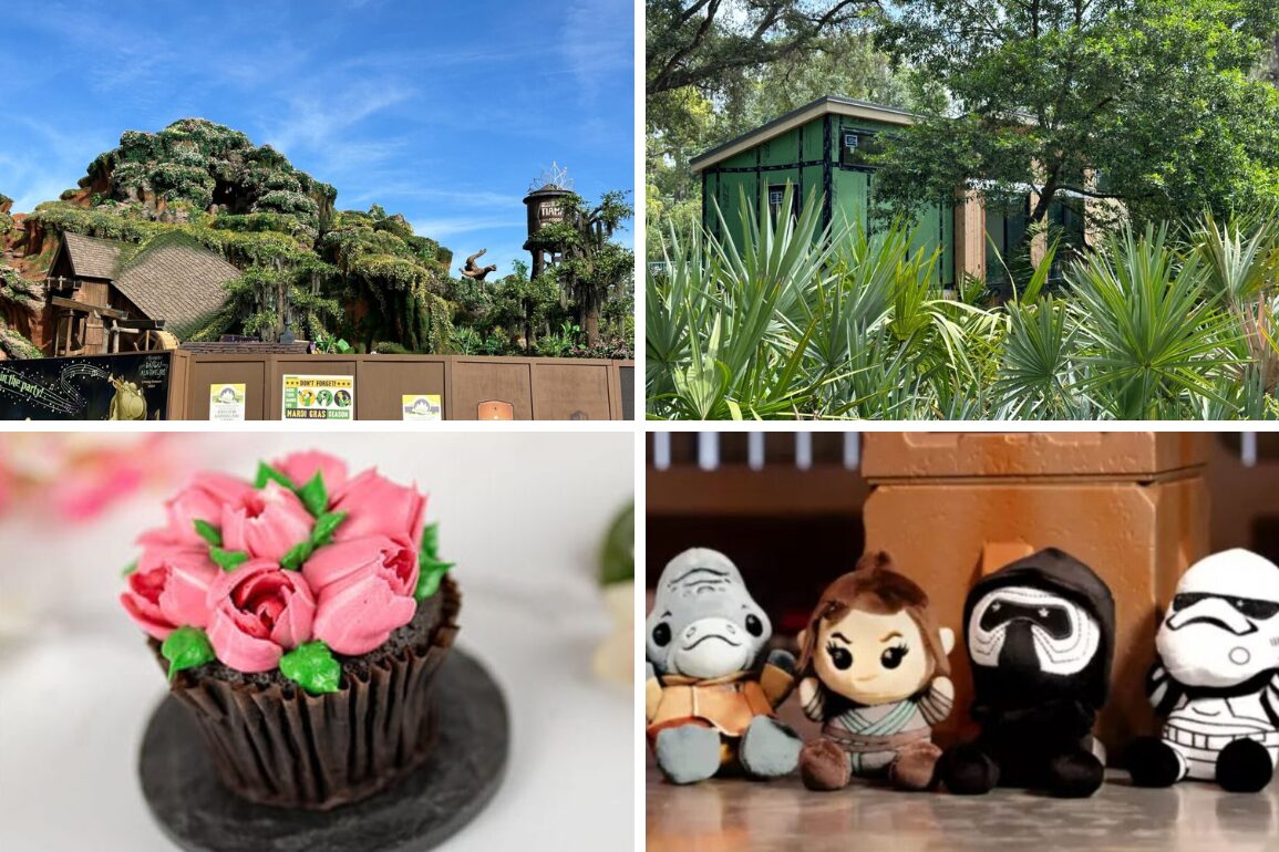 Collage of four images: a lush green theme park scene, a tropical garden restroom, a cupcake with pink floral decorations, and plush toys of Star Wars characters for the 4/30/24 WDWNT Daily Recap.