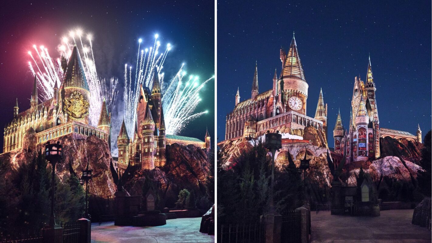 A side-by-side comparison of hogwarts castle at night, one showing fireworks bursting above it and the other peacefully under a starry sky.