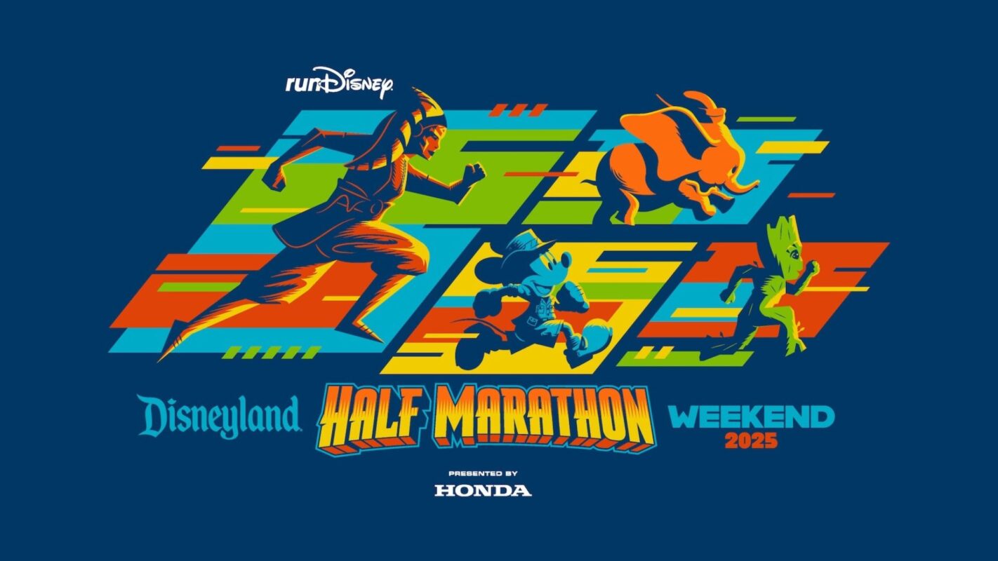 Colorful graphic depicting various Disney characters running. Text reads "runDisney Disneyland Half Marathon Weekend 2025 presented by Honda.