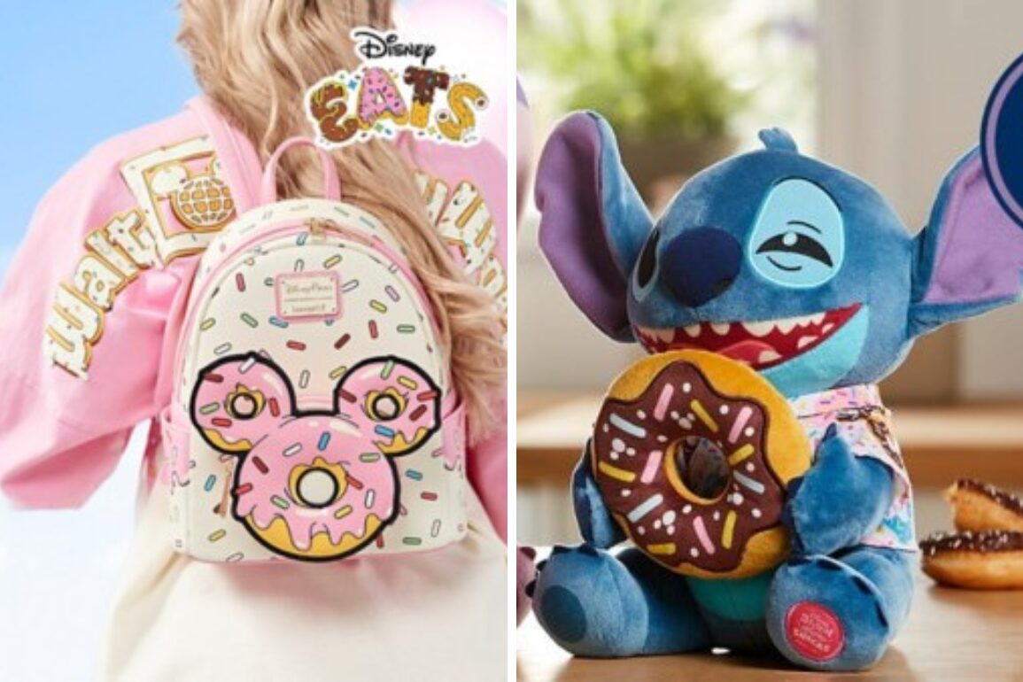 Stitch plush holds a donut on the right. A person wearing a pink shirt carries a backpack featuring a Mickey Mouse donut design on the left. "Disney Eats" text appears prominently on the top left, perfectly capturing the fun and whimsical spirit of Disney Eats.