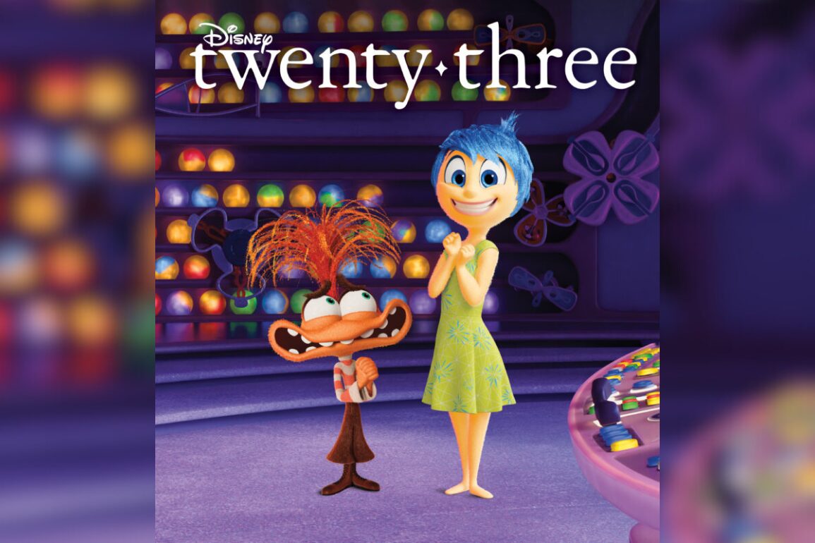 Cover of Disney twenty-three magazine featuring animated characters Joy and Fear from "Inside Out" standing together with colorful background elements, capturing the vibrant and emotional essence of the beloved film.