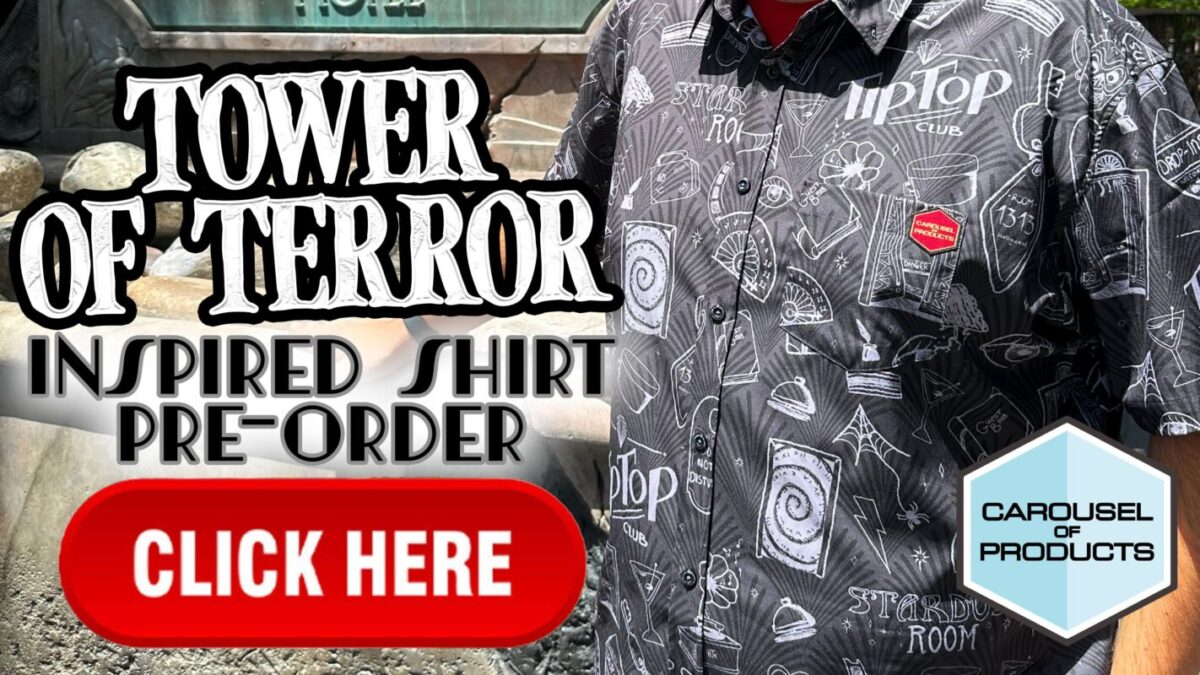 Advertisement for a "tower of terror" inspired shirt, featuring a clickable pre-order link and worn by a model, with thematic symbols on the fabric.