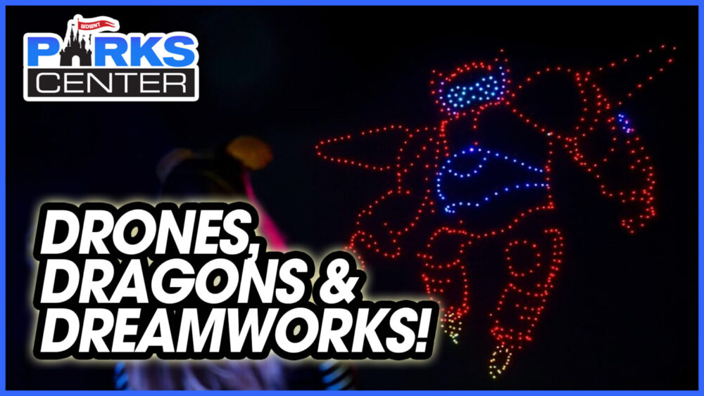 A nighttime display of drones forming a robot shape lights up the sky, with the text "Drones, Dragons & Dreamworks!" and a "ParksCenter" logo proudly displayed in the top left corner.