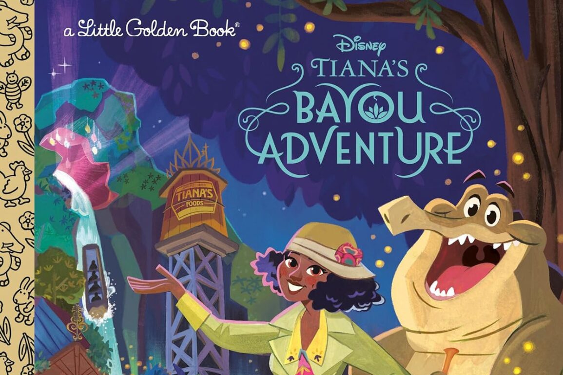 Cover of a Little Golden Book titled "Tiana's Bayou Adventure," showing a stylized illustration featuring Tiana and Louis the alligator against a backdrop of their enchanting bayou adventure.
