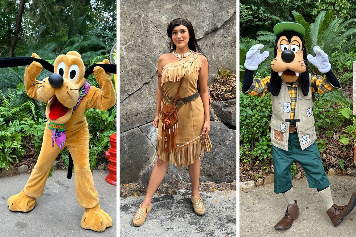 Three people in costumes: the first dressed as Pluto, the second as Pocahontas, and the third as Goofy, each posing in a themed outfit in a park setting.