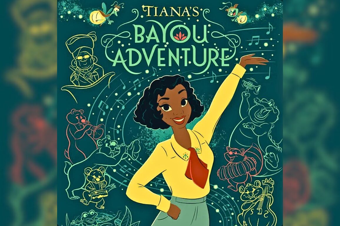 A woman in yellow stands with one arm raised against a backdrop of animated characters and musical notes. The text reads "Tiana's Bayou Adventure," promising a journey filled with special spice and southern charm.