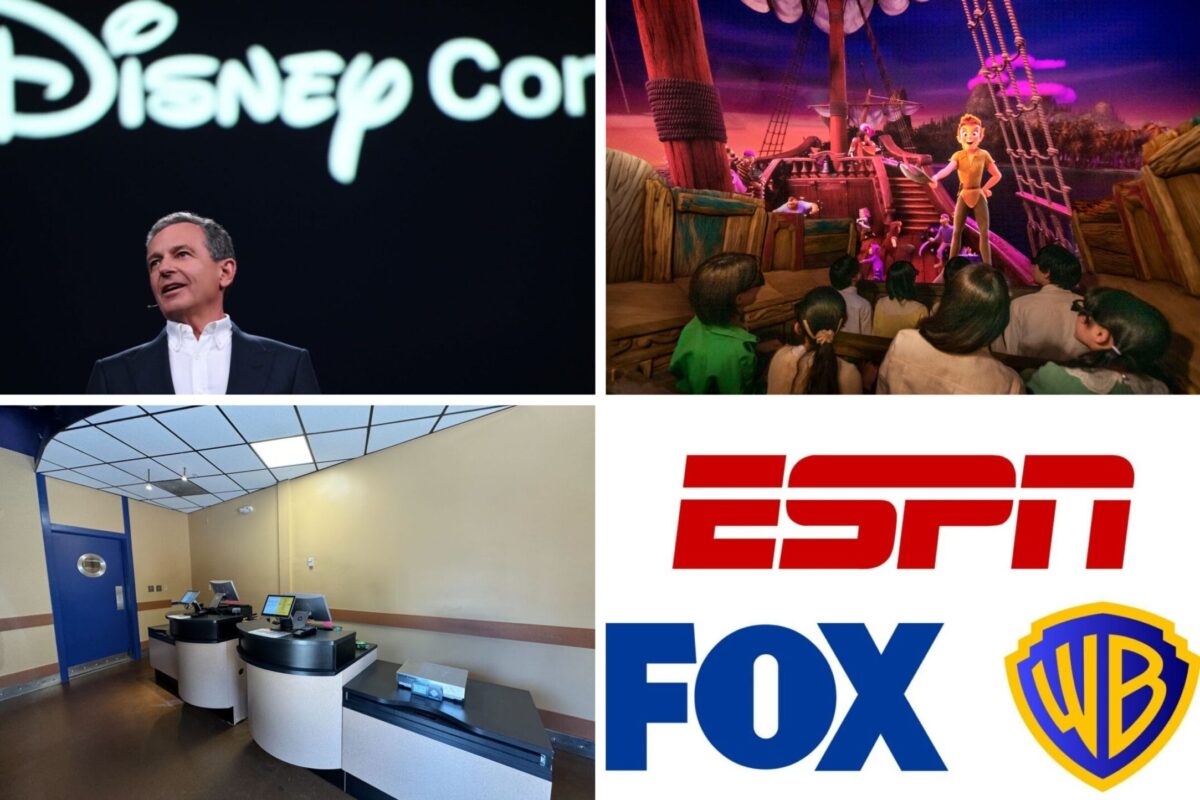 A daily recap collage features the Disney CEO, a popular Disney theme park attraction, a movie theater interior, and logos of ESPN, FOX, and Warner Bros.