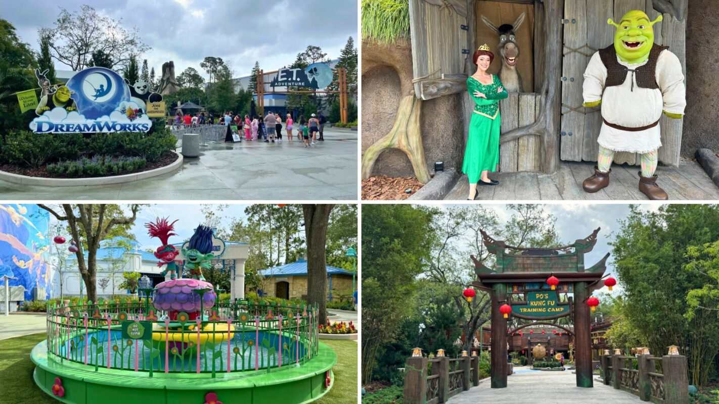 Collage of four images: DreamWorks Land and E.T. attractions sign, character standees of Princess Fiona and Shrek, colorful themed playground, and a martial arts training area marked by a wooden arch.