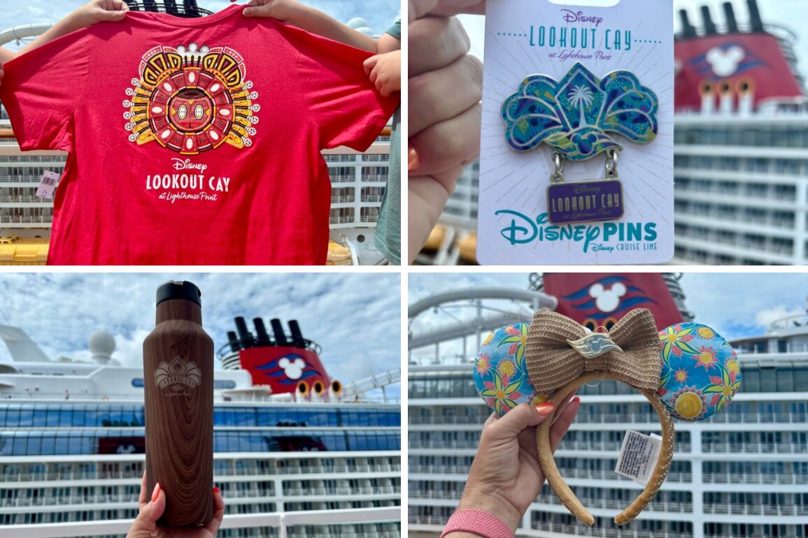 A collage showcasing Disney Cruise Line merchandise, including a red t-shirt, a Disney pin, a wooden water bottle, and Mickey Mouse-themed ears, with a majestic Disney cruise ship and stunning vistas of Disney Lookout Cay at Lighthouse Point in the background.