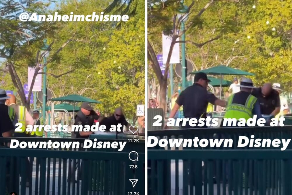 Two images showing police officers arresting individuals at Downtown Disney. The captions state "Two Arrested at Downtown Disney," and the images are from an Instagram story by @Anaheimchisme.