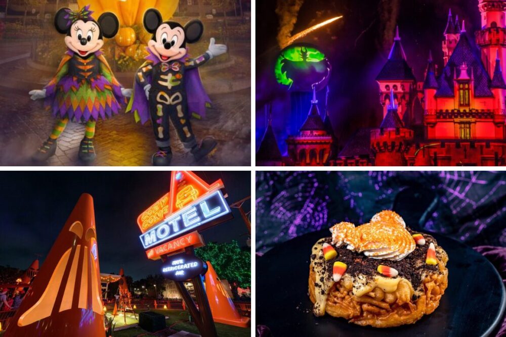 A collage of four Halloween-themed images: costumed characters, an illuminated castle at Disneyland, a neon motel sign, and a festive Mickey-shaped pastry.