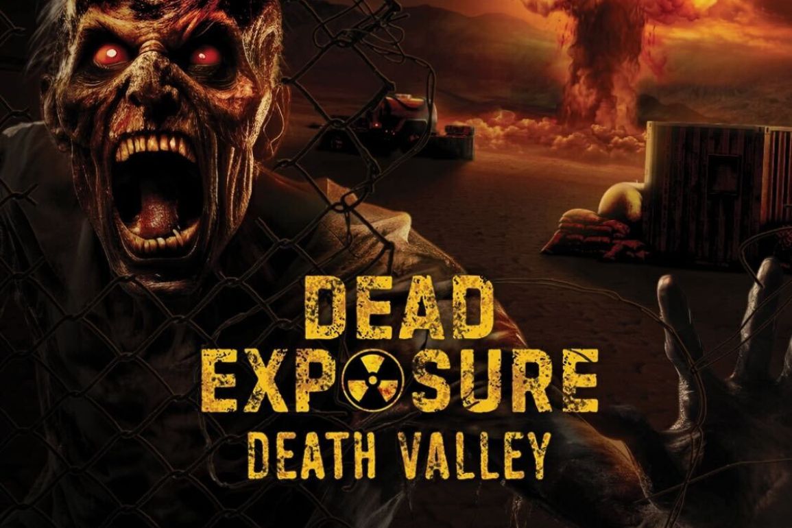 A terrifying zombie with glowing eyes and open mouth appears behind a fence in front of a desert landscape with explosions. The text "Dead Exposure: Death Valley" is displayed prominently.